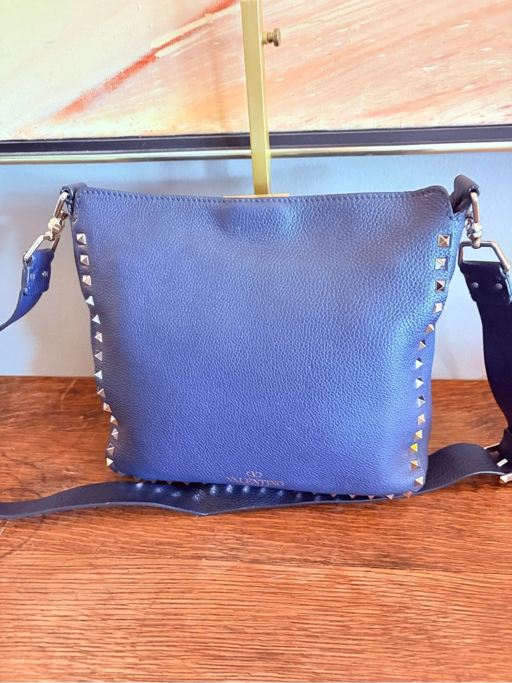 Valentino Garavani Rockstud Navy Pebbled Calfskin Flip-Lock Messenger / Hobo